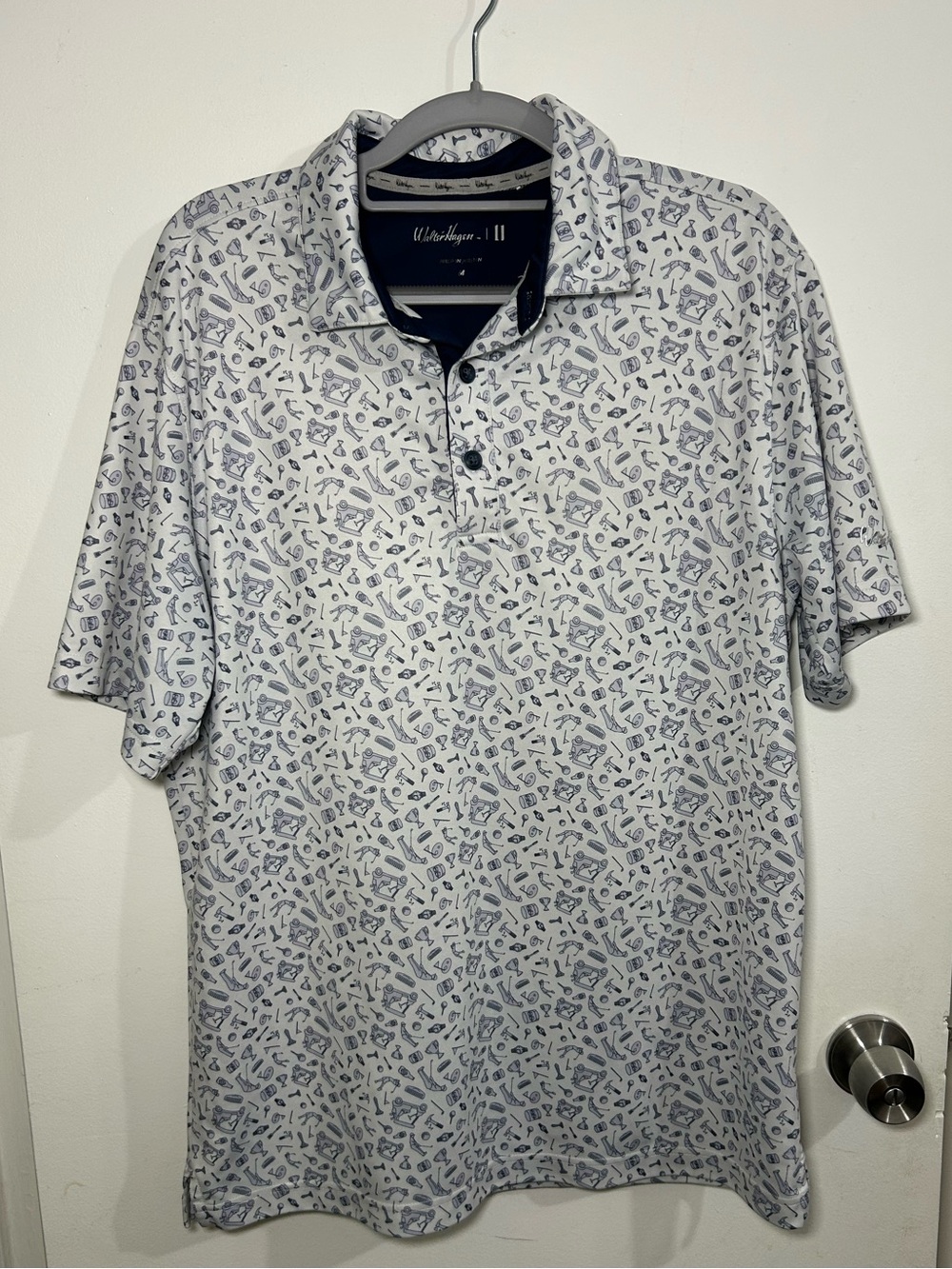 Walter Hagen Men's Golf Polo Blue White All Over Print Performance Shirt